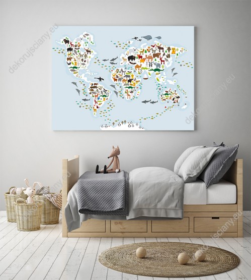 Wizualizacja obrazu do pokoju dziecięcego i młodzieżowego przedstawiająca mapę świata ze zwierzętami ze wszystkich kontynentów, na szarym tle mórz i oceanów.