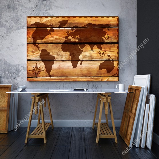Wizualizacja obrazu przedstawia mapę świata na drewnianych deskach. Obraz do pokoju dziennego, młodzieżowego, sypialni, salonu, biura, gabinetu, przedpokoju i jadalni.