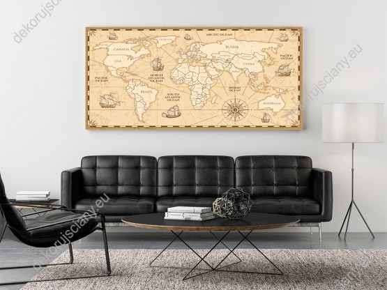 Wizualizacja obrazu do pokoju młodzieżowego, dziecięcego, sypialni lub biura przedstawiająca starą mapę świata w stylu vintige.