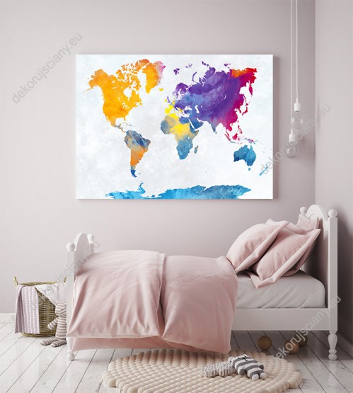 Wizualizacja, kolorowa mapa świata malowana akwarelą na białym tle z odcieniami szarości. Obraz do pokoju dziecięcego, młodzieżowego i sypialni.