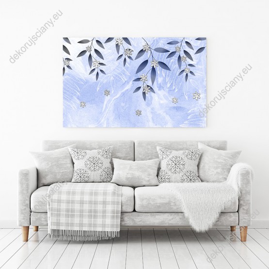 Wizualizacja obrazu do pokoju młodzieżowego, sypialni, dziennego, salonu przedstawiający cienkie gałązki z liśćmi na niebieskim, malowanym tle i duże płatki śniegu.