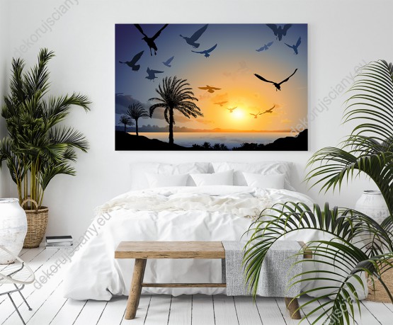 Wizualizacja, krajobraz tropikalnej wyspy i morza ze stadem lecących ptaków w promieniach zachodzącego słońca. Obraz do pokoju dziennego, młodzieżowego, salonu, sypialni, biura.