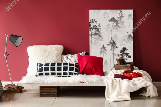 Wizualizacja obrazu do pokoju dziennego, salonu, sypialni, biura z widokiem na zamglony, sosnowy las w brązowych barwach.