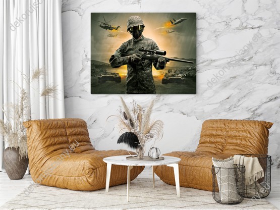 Wizualizacja obrazu o tematyce wojennej. Żołnierz z bronią w ręku na polu walki. Obraz do pokoju młodzieżowego, salonu, pokoju dziennego, sypialni, przedpokoju, biura.