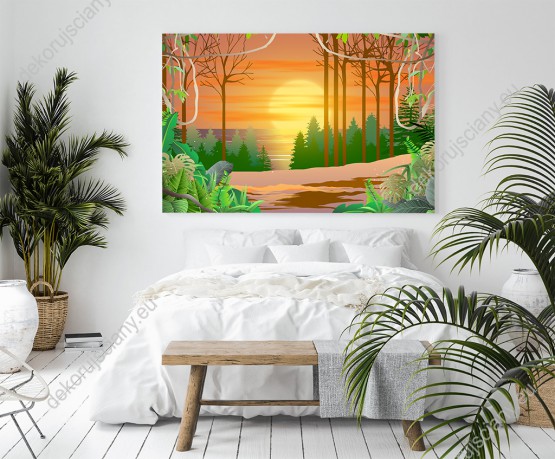 Wizualizacja, krajobraz z widokiem lasu na tropikalnej wyspie, o wschodzie słońca. Obraz do pokoju dziennego, młodzieżowego, dziecięcego, salonu, sypialni, biura.