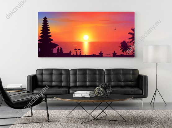 Wizualizacja obrazu z widokiem na tradycyjna balijska świątynie i drzewa palm na tle morza w barwach zachodzącego słońca. Obraz do pokoju dziennego, młodzieżowego, biura, salonu, sypialni, gabinetu, przedpokoju i jadalni.
