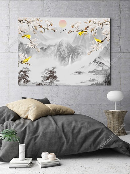 Wizualizacja obrazu z widokiem na góry we mgle i ptaki siedzące na gałęziach z kwitnącymi, białymi kwiatami. Obraz do pokoju młodzieżowego, dziennego, biura, salonu, sypialni, gabinetu, przedpokoju i jadalni.