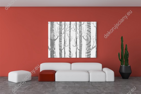 Wizualizacja obrazu do pokoju dziennego, młodzieżowego, salonu, sypialni, biura z widokiem na las szarych, abstrakcyjnych drzew.