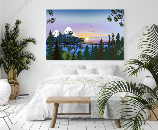 Wizualizacja obrazu do pokoju dziennego, młodzieżowego, dziecięcego, salonu, sypialni, biura. Obraz z widokiem na malowane jezioro w zielonym lesie na tle gór i zachodzącego słońca.