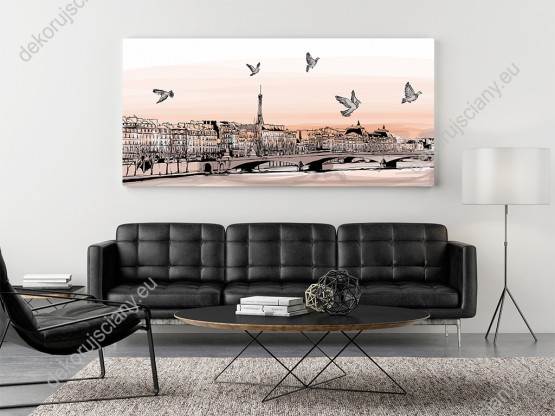 Wizualizacja obrazu przedstawiająca Paryż malowany ręką artysty. Obraz do pokoju dziennego, młodzieżowego, biura, salonu, sypialni, gabinetu, przedpokoju i jadalni.