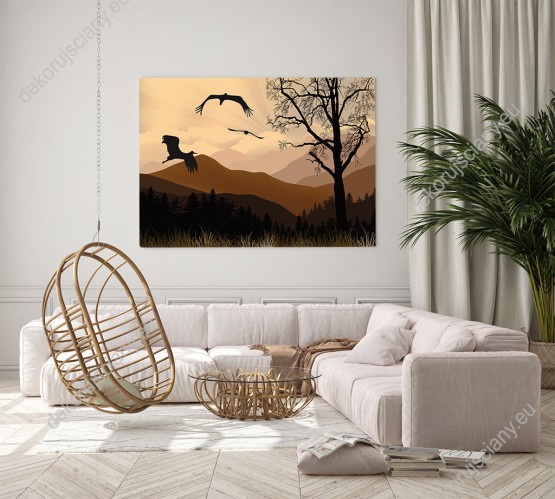 Wizualizacja obrazu przedstawiająca bociany lecące na tle brązowych gór. Obrazy do pokoju dziennego, młodzieżowego, biura, salonu, sypialni, gabinetu, przedpokoju i jadalni.