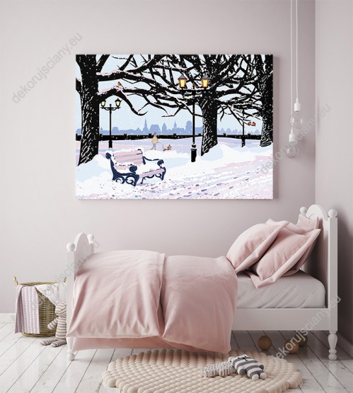 Wizualizacja obrazu do pokoju dziennego, młodzieżowego, dziecięcego, salonu, sypialni, biura z zimową aurą. Piękny krajobraz ośnieżonego parku miejskiego z ławką pod drzewami, padającym śniegiem i dzieckiem spacerującym z psem w tle.