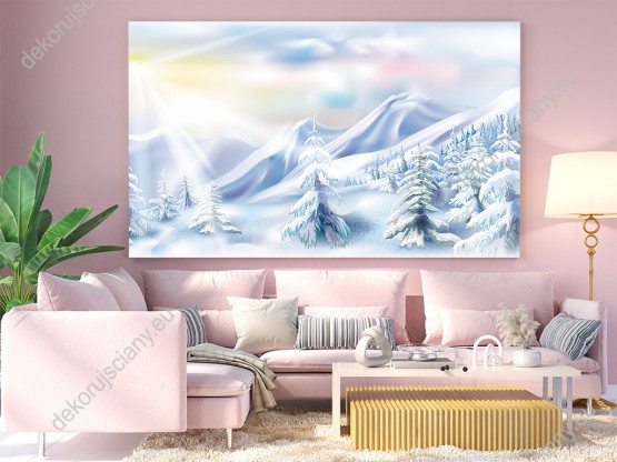 Wizualizacja, piękny, malowniczy krajobraz zimowy. Góry i drzewa pokryte śniegiem i oświetlone promieniami słońca. Obraz do pokoju dziennego, młodzieżowego, dziecięcego, salonu, sypialni, biura.