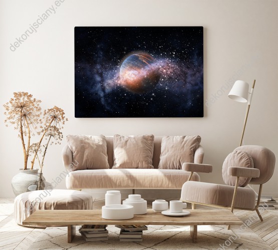 Wizualizacja obrazu z widokiem na kolorową planetę i gwiazdy w przestrzeni kosmicznej. Obraz do pokoju dziennego, młodzieżowego, biura, salonu, sypialni, gabinetu, przedpokoju.
