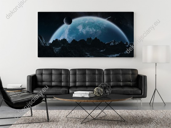 Wizualizacja obrazu do pokoju dziennego, młodzieżowego, salonu, sypialni, biura z motywem kosmosu. Obraz z widokiem na góry i asteroidy przelatujące blisko Ziemi.