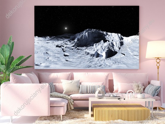 Wizualizacja, czarno-biały obraz z widokiem na księżycowe skały. Obraz do pokoju dziennego, młodzieżowego, biura, salonu, sypialni, gabinetu, przedpokoju.