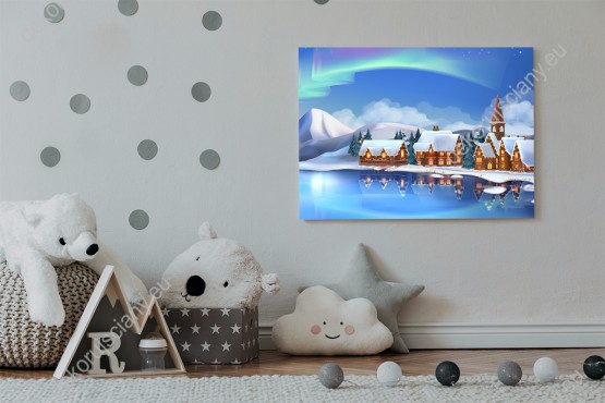 Wizualizacja obrazu do pokoju dziennego, młodzieżowego, dziecięcego, salonu, sypialni. Obraz z zimowym krajobrazem. Ośnieżona wioska pełna świątecznych dekoracji.