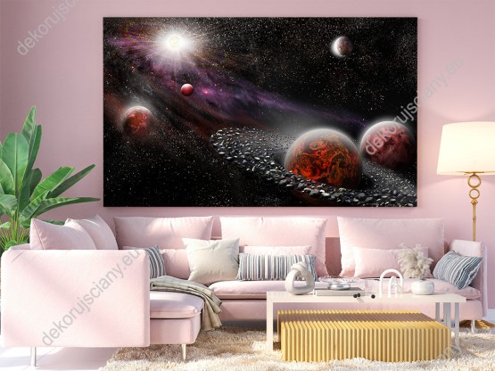 Wizualizacja obrazu z widokiem na kolorowe planety w przestrzeni kosmicznej. Obraz do pokoju dziennego, młodzieżowego, biura, salonu, sypialni, gabinetu, przedpokoju i jadalni.