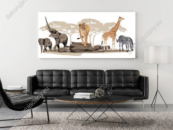 Wizualizacja obrazu do pokoju dziennego, młodzieżowego, dziecięcego, salonu, sypialni, biura z grupą zwierząt Afrykańskich. Lwica, zebra, żyrafa i słonie na sawannie.