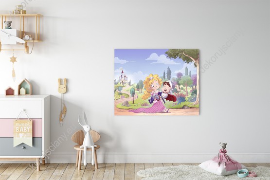 Wizualizacja obrazu do pokoju dziecięcego z księżniczką ratującą rycerza.