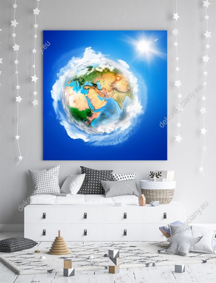 Wizualizacja, planeta Ziemia, na błękitnym tle. Obraz do pokoju dziecięcego, młodzieżowego, sypialni, biura.