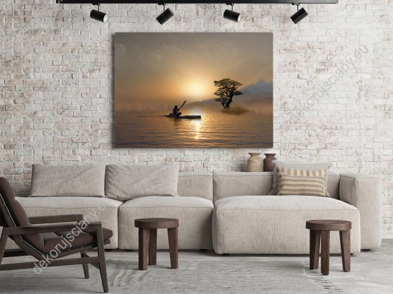 Wizualizacja obrazu przedstawia samotnego wioślarza płynącego łodzią w nieznanym kierunku o zachodzie słońca. Obraz na ścianę do pokoju dziennego, salonu, sypialni, biura, gabinetu, przedpokoju, jadalni.