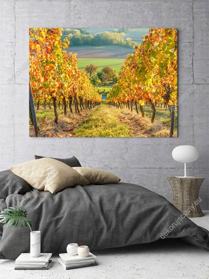 Wizualizacja obrazu z widokiem pola i aleję drzew w jesiennych barwach. Obraz do pokoju dziennego, sypialni, salonu, biura, gabinetu, przedpokoju i jadalni.