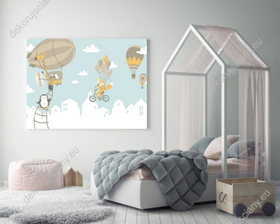 Wizualizacja obrazu do pokoju dziecięcego w latające balony ze zwierzętami, nad miastem.