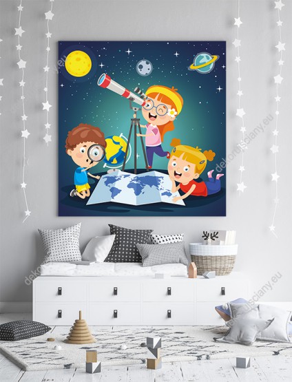Wizualizacja obrazu do pokoju dziecięcego przedstawiająca dzieci zgłębiające wiedzę o kosmosie.