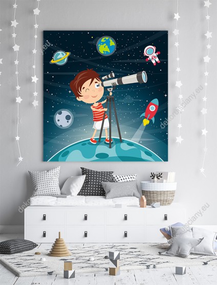 Wizualizacja obrazu do pokoju dziecięcego z chłopcem obserwującym kosmos, planety, gwiazdy rakiety, na tle nocnego nieba.