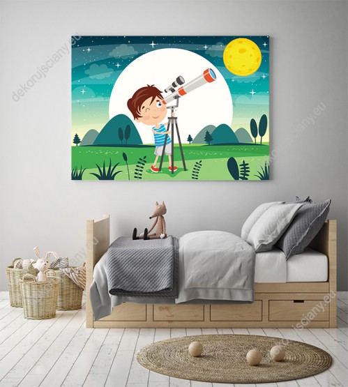Wizualizacja obrazu do pokoju dziecięcego przedstawiająca chłopca obserwującego kosmos i gwiazdy przez teleskop.