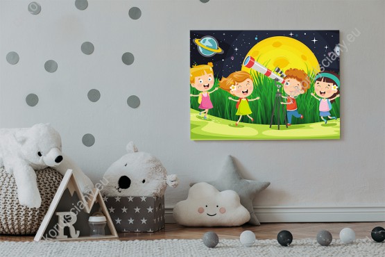 Wizualizacja obrazu do pokoju dziecięcego przedstawiająca dzieci obserwujące kosmos przez teleskop.