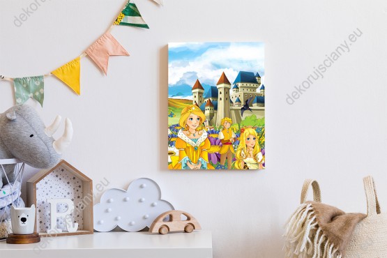 Wizualizacja obrazu do pokoju dziecięcego z księżniczkami i księciem kwiatowej polanie, wśród kolorowych kwiatów, a w tle duży zamek.