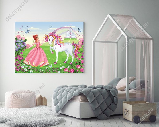 Wizualizacja obrazu do pokoju dziecięcego z bajkową księżniczką w różowej sukni i jednorożcem z tęczową grzywą, w kwiatowym ogrodzie, na tle zamku i tęczy.