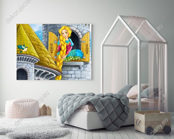 Wizualizacja obrazu do pokoju dziecięcego z księżniczką Roszpunką spuszczającą swe długie, złote włosy ze szczytu wieży.