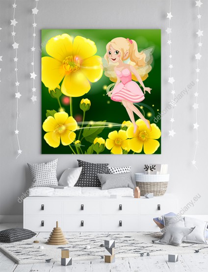 Wizualizacja obrazu do pokoju dziecięcego z bajkową wróżką, latającą w ogrodzie wśród wiosennych kwiatów.