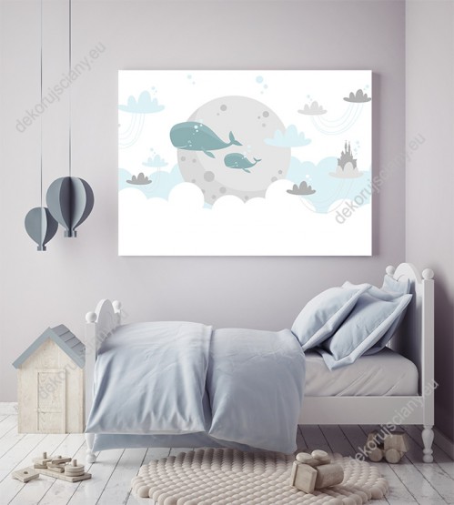 Wizualizacja, wieloryby pływające wśród białych i błękitnych chmur na tle księżyca. Obraz do pokoju dziecięcego.