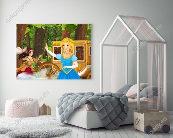 Wizualizacja obrazu do pokoju dziecięcego z piękną, bajkową księżniczką w niebieskiej sukni i wróżki wyczarowującej magiczną karetę, na tle lasu.