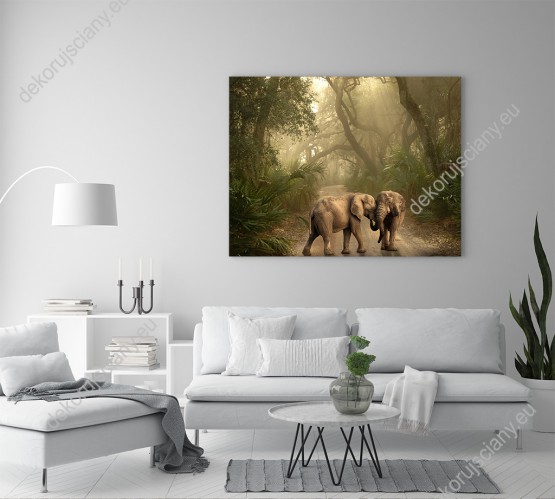 Wizualizacja obrazu do pokoju dziecięcego, dziennego, młodzieżowego, sypialni, salonu, biura, gabinetu, przedpokoju i jadalni. Obraz przedstawia dwa słonie pośród drzew tropikalnej dżungli.