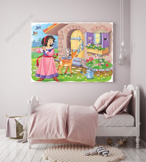 Wizualizacja Obraz do pokoju dziecięcego z bajkowym motywem Królewny Śnieżki przyjaznych leśnych zwierząt przy chatce krasnoludków.