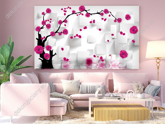 Wizualizacja obrazu z efektem 3D przedstawia różane drzewo na tle abstrakcyjnych, białych kwadratów. Obraz do pokoju młodzieżowego, dziennego, salonu, sypialni, gabinetu, biura, przedpokoju i jadalni.