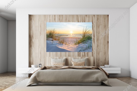 Wizualizacja obrazu z widokiem na zachód słońca nad Morzem Bałtyckim. Obraz do pokoju dziennego, salonu, sypialni, gabinetu, biura, przedpokoju i jadalni.