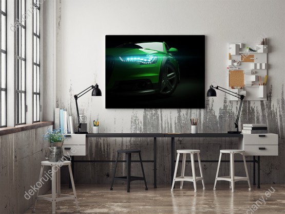 Wizualizacja obrazu przedstawia stylowy, nowoczesny, zielony samochód, na czarnym tle. Obraz do pokoju młodzieżowego, sypialni, biura, gabinetu.