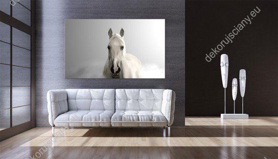 Wizualizacja obrazu do pokoju dziennego, młodzieżowego, dziecięcego, salonu, sypialni, biura z białym koniem, na szarym zamglonym tle.