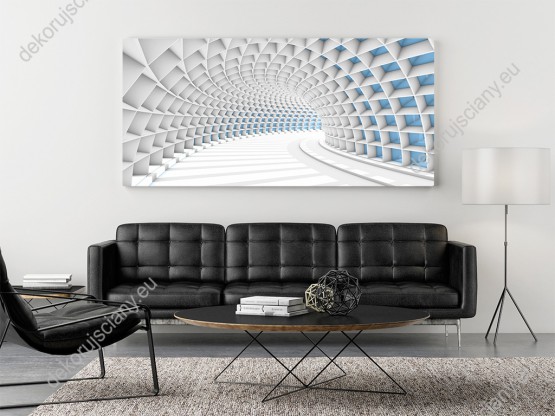 Wizualizacja obrazu z efektem 3D przedstawia tunel łukowy w kolorze biało-niebieskim. Obraz do pokoju dziennego, młodzieżowego, salonu, sypialni, gabinetu, biura, przedpokoju i jadalni.
