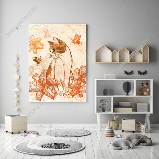 Wizualizacja obrazu do pokoju młodzieżowego, dziecięcego, salonu i sypialni z kotem siedzącym wśród kwiatów lilii i latającymi motylami, w jasnych, ciepłych barwach.