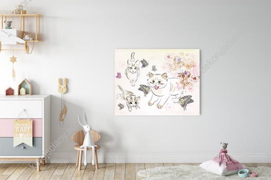 Wizualizacja obrazu do pokoju dziecięcego, młodzieżowego, dziennego, sypialni lub salonu z abstrakcyjnymi kotami, kolorowymi motylami i kwiatami w jasnych barwach.