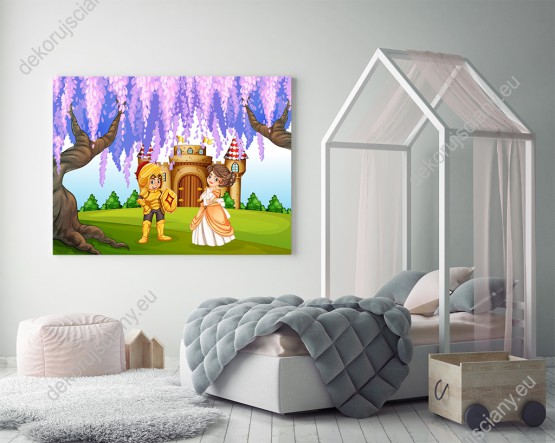 Wizualizacja obrazu do pokoju dziecięcego z motywem baśniowym dzielnego rycerza w lśniącej zbroi i pięknej księżniczki na tle zamku.