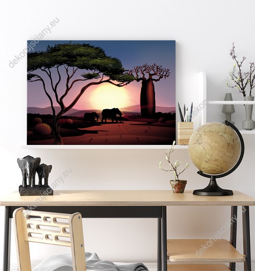 Wizualizacja obrazu do pokoju dziecięcego, młodzieżowego, sypialni, salonu i biura. Obraz z widokiem na słonie wędrujące po pustyni, na tle drzew sawanny i zachodzącego słońca.