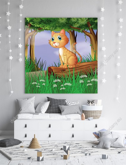 Wizualizacja obrazu do pokoju dziecięcego z rudym kotem siedzącym na pniu w cieniu leśnych drzew.